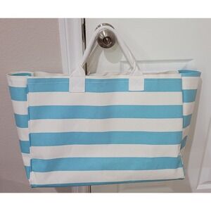 Mud Pie Girls Womens Beach Tote Bag Blue & White Wide Stripes. Rope Handles.